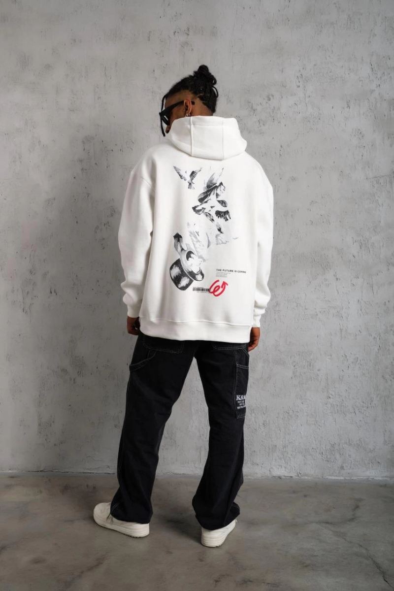Erkek 3 İplik Pamuklu Kapüşonlu Baskılı Cepli Oversize Sweatshirt Hoodie - Beyaz
