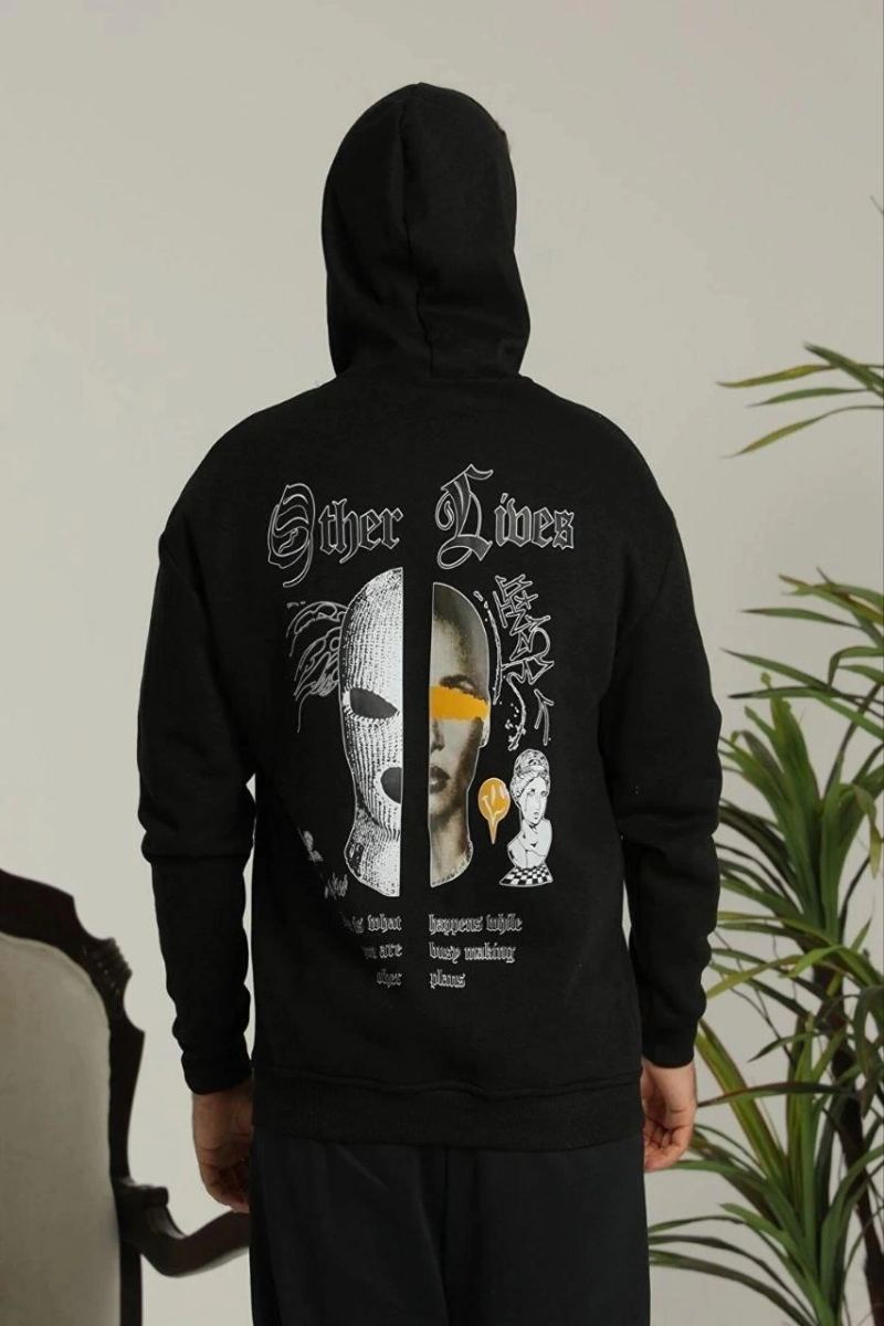Erkek 3 İplik Pamuklu Kapüşonlu Baskılı Cepli Oversize Sweatshirt Hoodie - Siyah