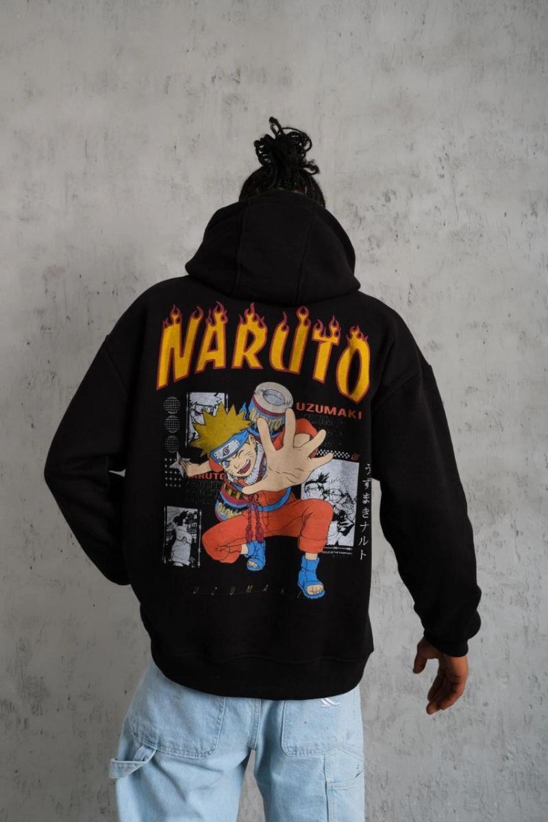Erkek Baskılı Kapüşonlu 3 iplik pamuklu hoodie Sweatshirt - Siyah