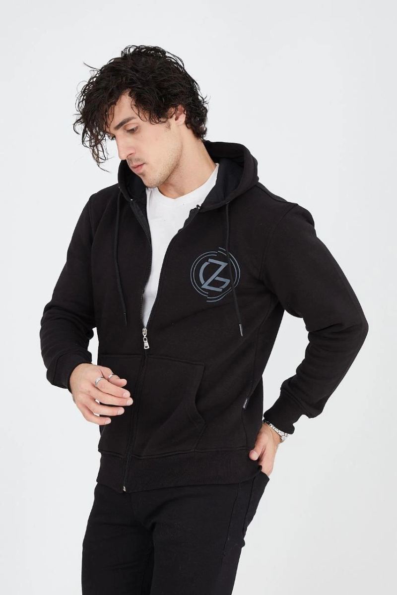 Erkek 3 İplik Pamuklu Fermuarlı Kapüşonlu Kanguru Cepli Baskılı Hoodie Hırka Sweatshirt - Siyah