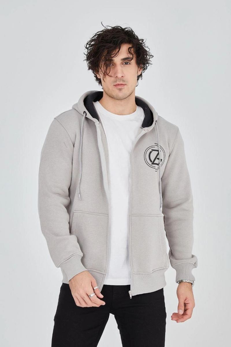 Erkek 3 İplik Pamuklu Fermuarlı Kapüşonlu Kanguru Cepli Baskılı Hoodie Hırka Sweatshirt - Boyalı Gri