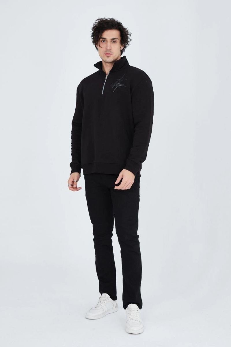 Erkek Yarım Fermuarlı Baskılı 3  iplik pamuklu sweatshirt - Siyah
