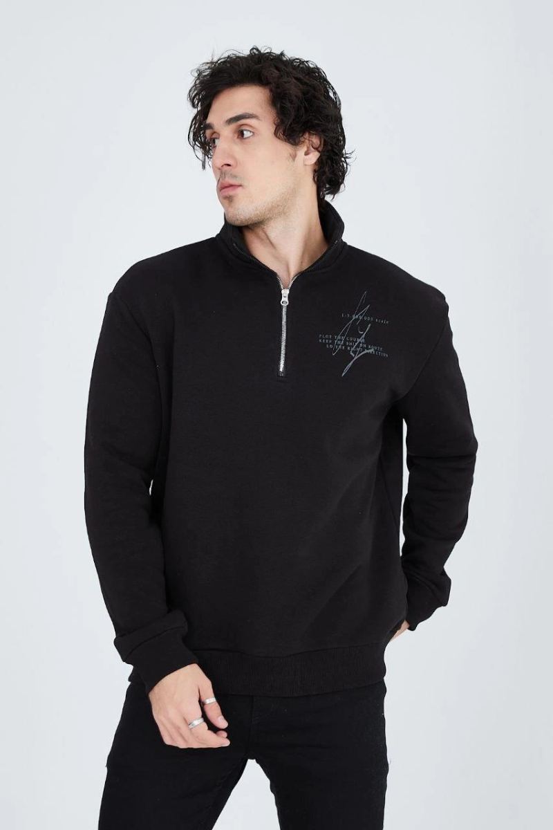 Erkek Yarım Fermuarlı Baskılı 3  iplik pamuklu sweatshirt - Siyah
