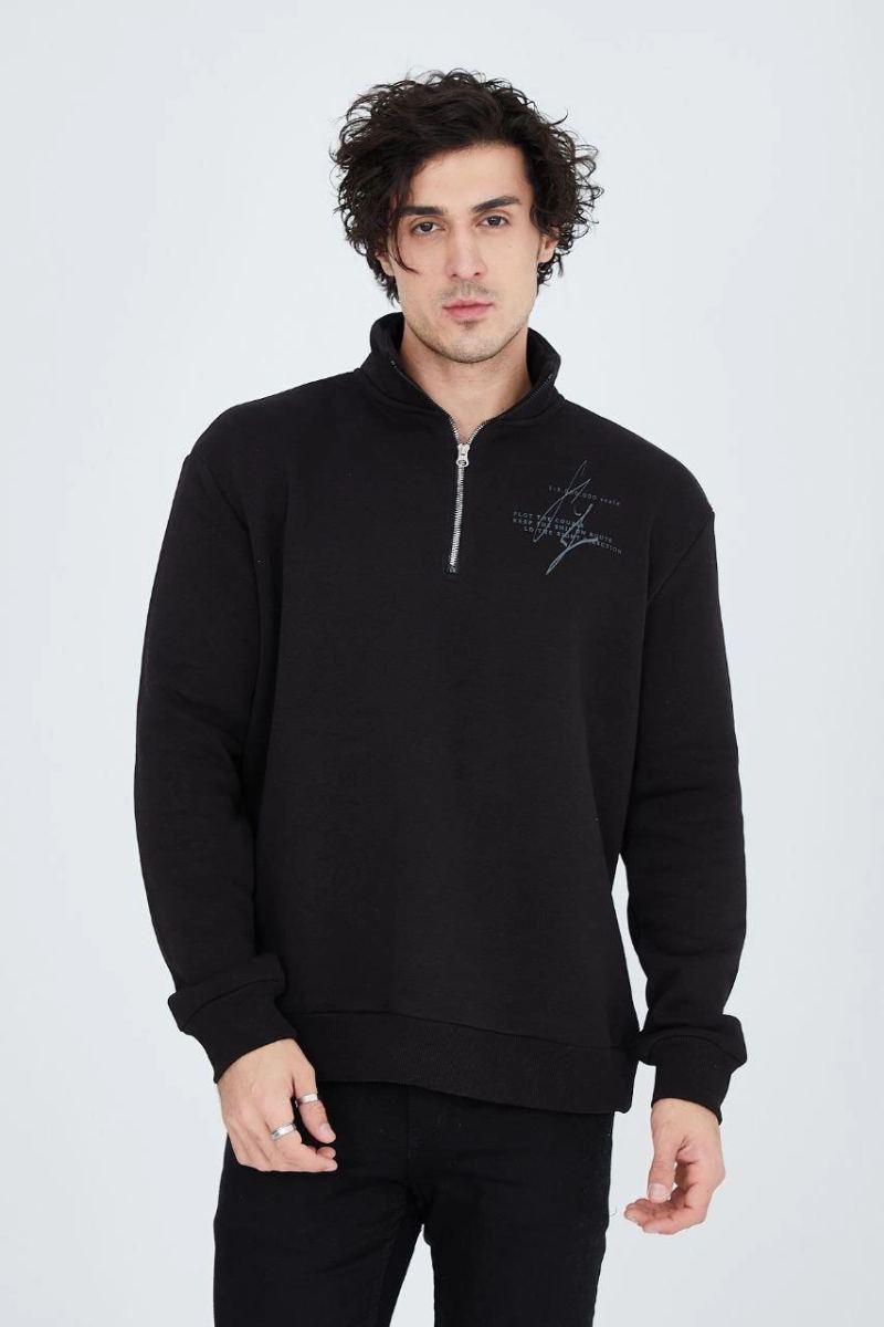 Erkek Yarım Fermuarlı Baskılı 3  iplik pamuklu sweatshirt - Siyah