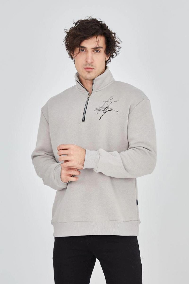 Erkek Yarım Fermuarlı Baskılı 3 iplik pamuklu sweatshirt - Boyalı Gri