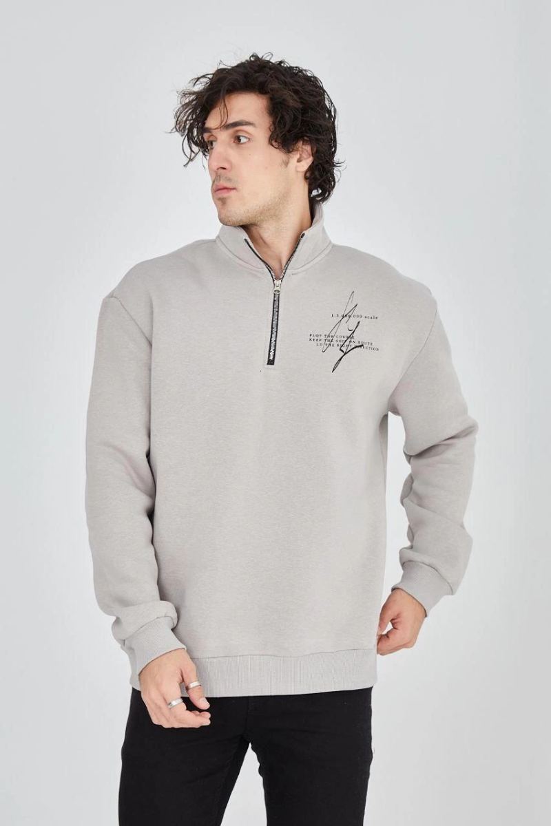 Erkek Yarım Fermuarlı Baskılı 3 iplik pamuklu sweatshirt - Boyalı Gri