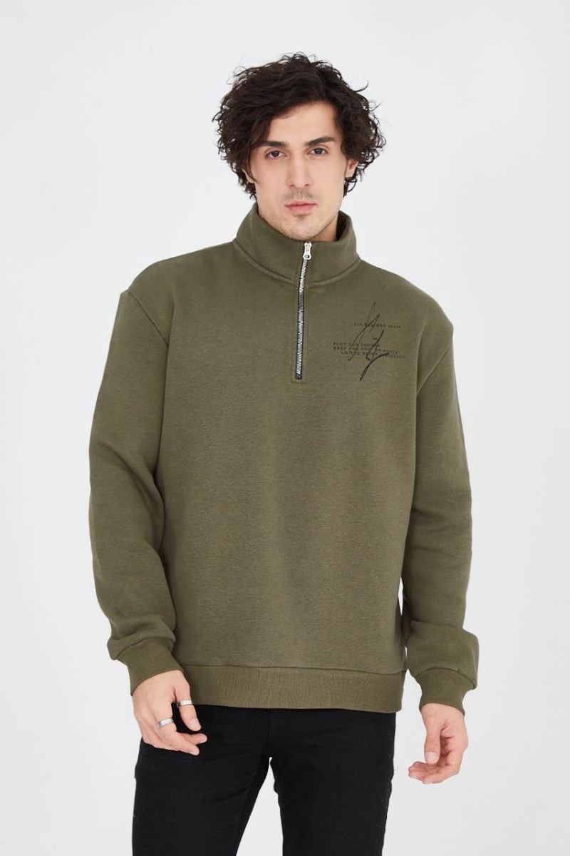 Erkek Yarım Fermuarlı Baskılı 3 iplik pamuklu sweatshirt - Yeşil