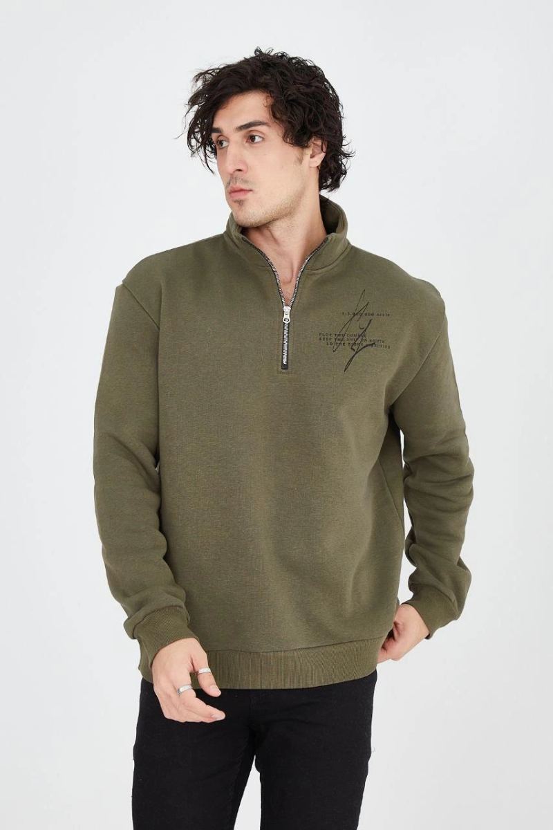 Erkek Yarım Fermuarlı Baskılı 3 iplik pamuklu sweatshirt - Yeşil