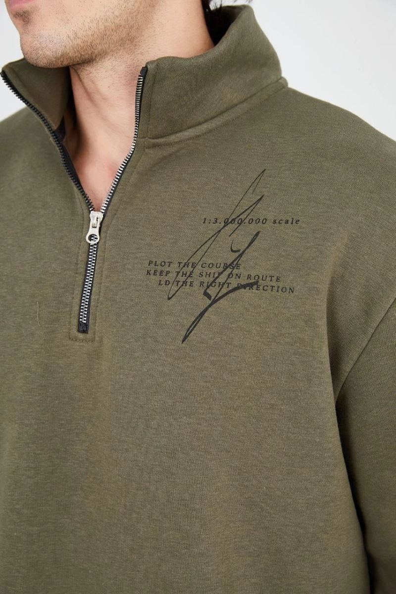 Erkek Yarım Fermuarlı Baskılı 3 iplik pamuklu sweatshirt - Yeşil