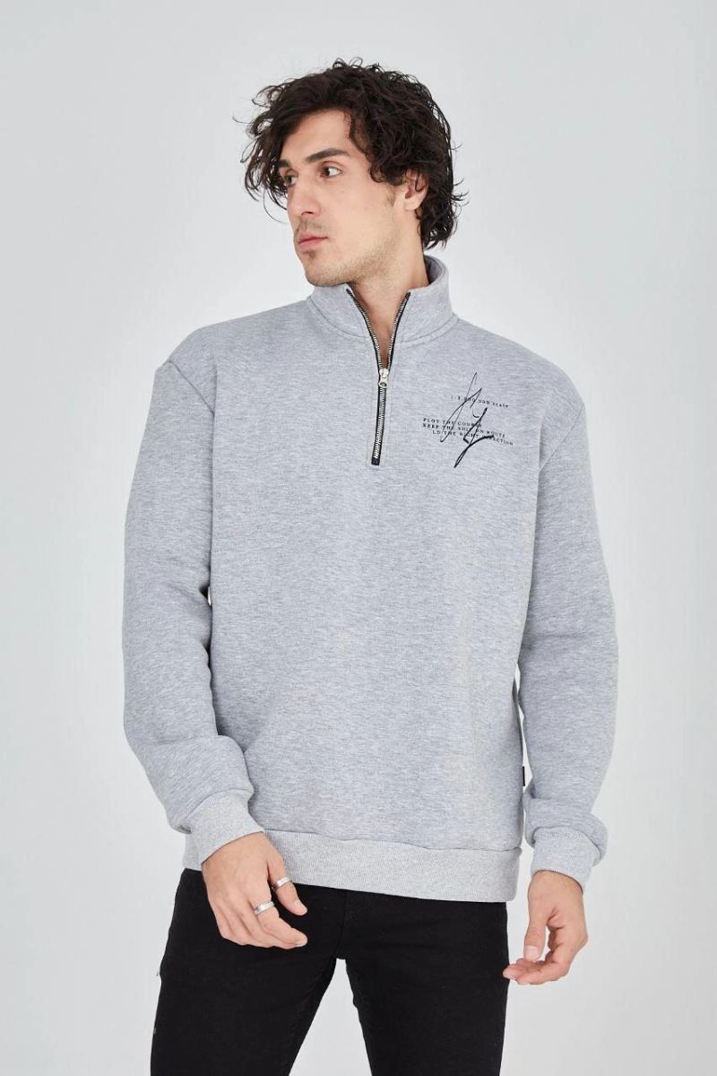 Erkek Yarım Fermuarlı Baskılı 3 iplik pamuklu sweatshirt - Gri