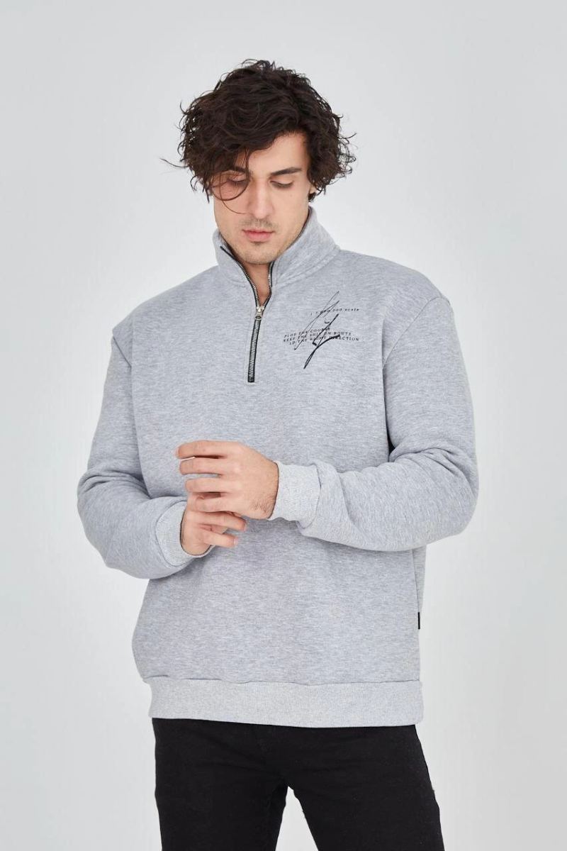 Erkek Yarım Fermuarlı Baskılı 3 iplik pamuklu sweatshirt - Gri