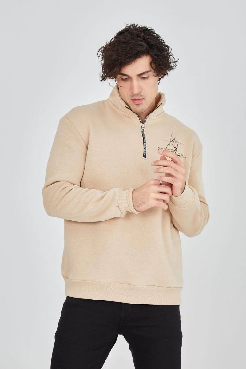 Erkek Yarım Fermuarlı Baskılı 3 iplik pamuklu sweatshirt - Bej