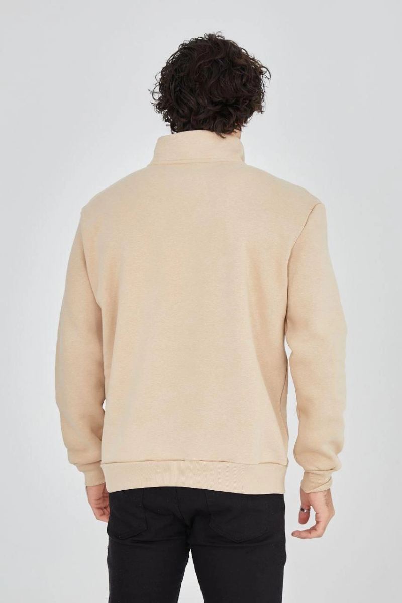 Erkek Yarım Fermuarlı Baskılı 3 iplik pamuklu sweatshirt - Bej