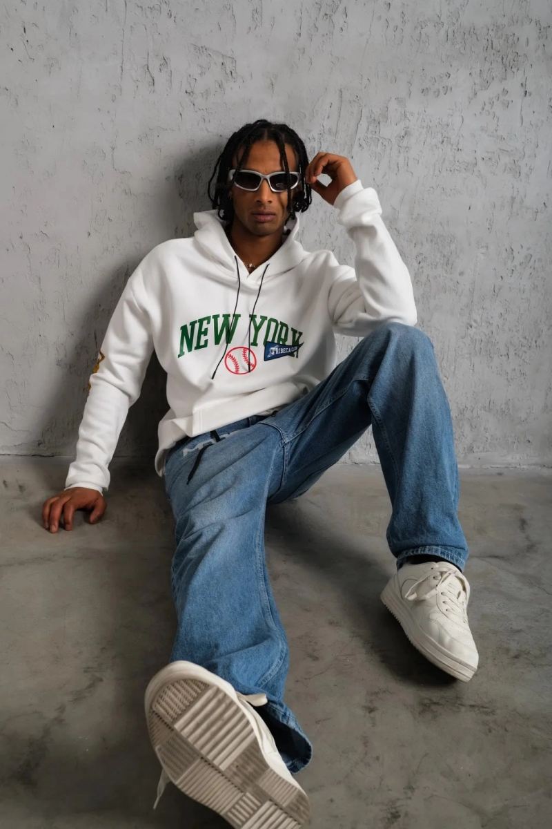 Erkek 3 İplik Pamuklu Kapüşonlu Baskılı Cepli Oversize Sweatshirt Hoodie - Beyaz