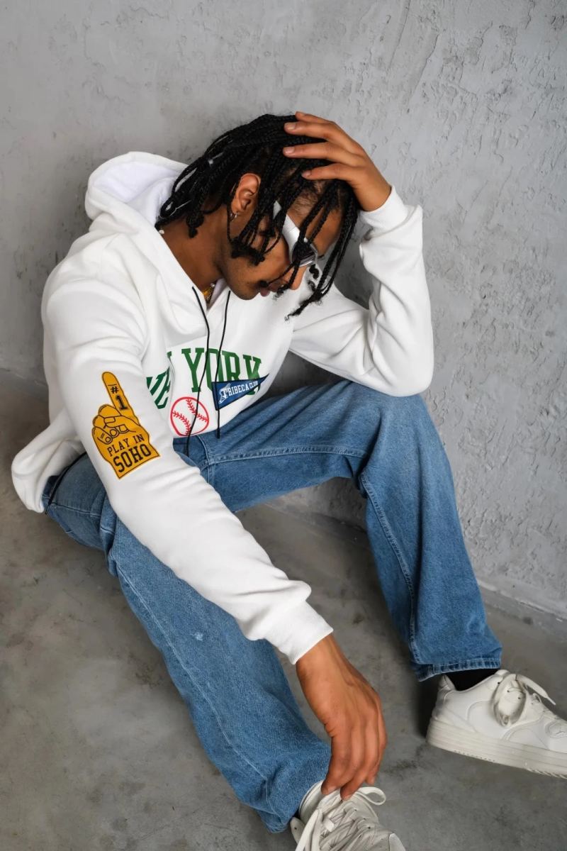 Erkek 3 İplik Pamuklu Kapüşonlu Baskılı Cepli Oversize Sweatshirt Hoodie - Beyaz
