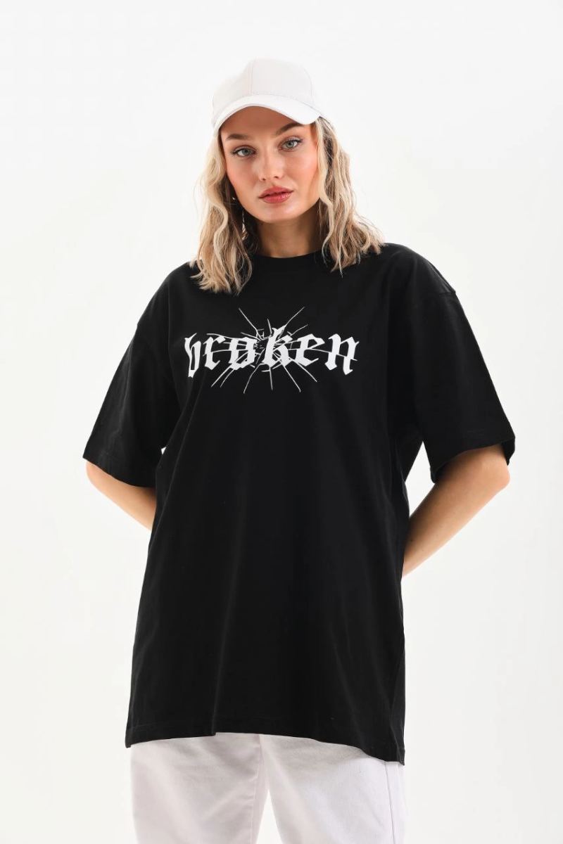 Kadın Kısa Kol Yazlık Tişört Bisiklet Yaka Baskılı Oversize T-Shirt - Siyah