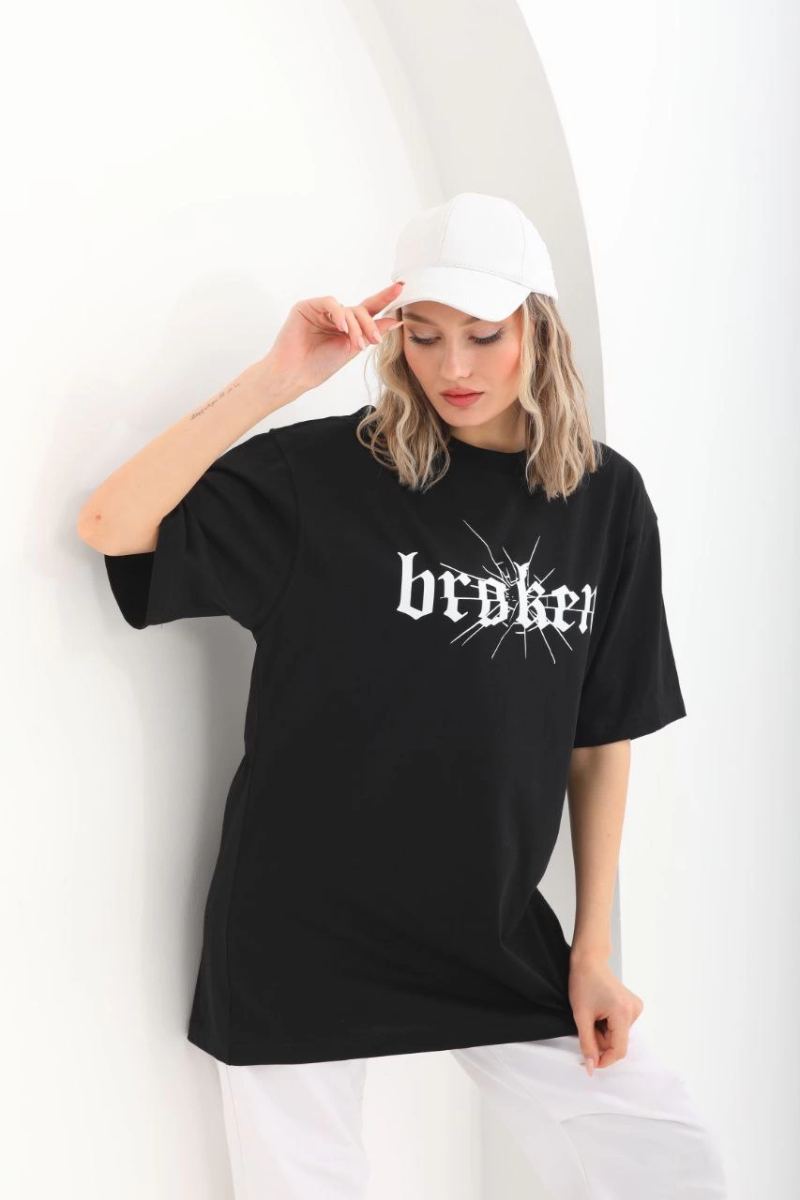 Kadın Kısa Kol Yazlık Tişört Bisiklet Yaka Baskılı Oversize T-Shirt - Siyah