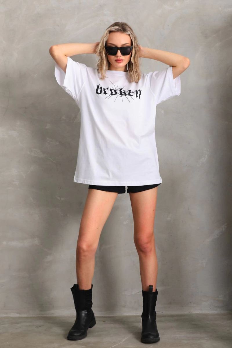 Kadın Kısa Kol Yazlık Tişört Bisiklet Yaka Baskılı Oversize T-Shirt - Beyaz