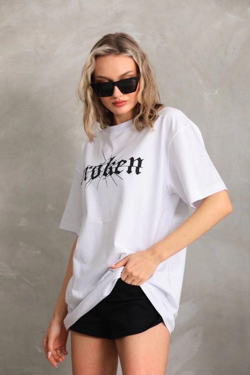 Kadın Kısa Kol Yazlık Tişört Bisiklet Yaka Baskılı Oversize T-Shirt - Beyaz