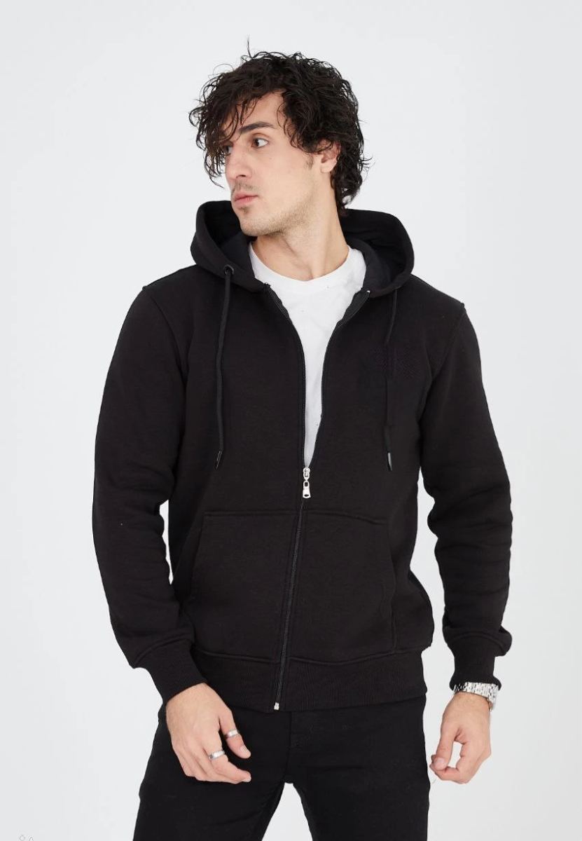 Erkek 3 İplik Pamuklu Kapüşonlu Tam Fermuarlı Cepli Hoodie Sweatshirt - Siyah