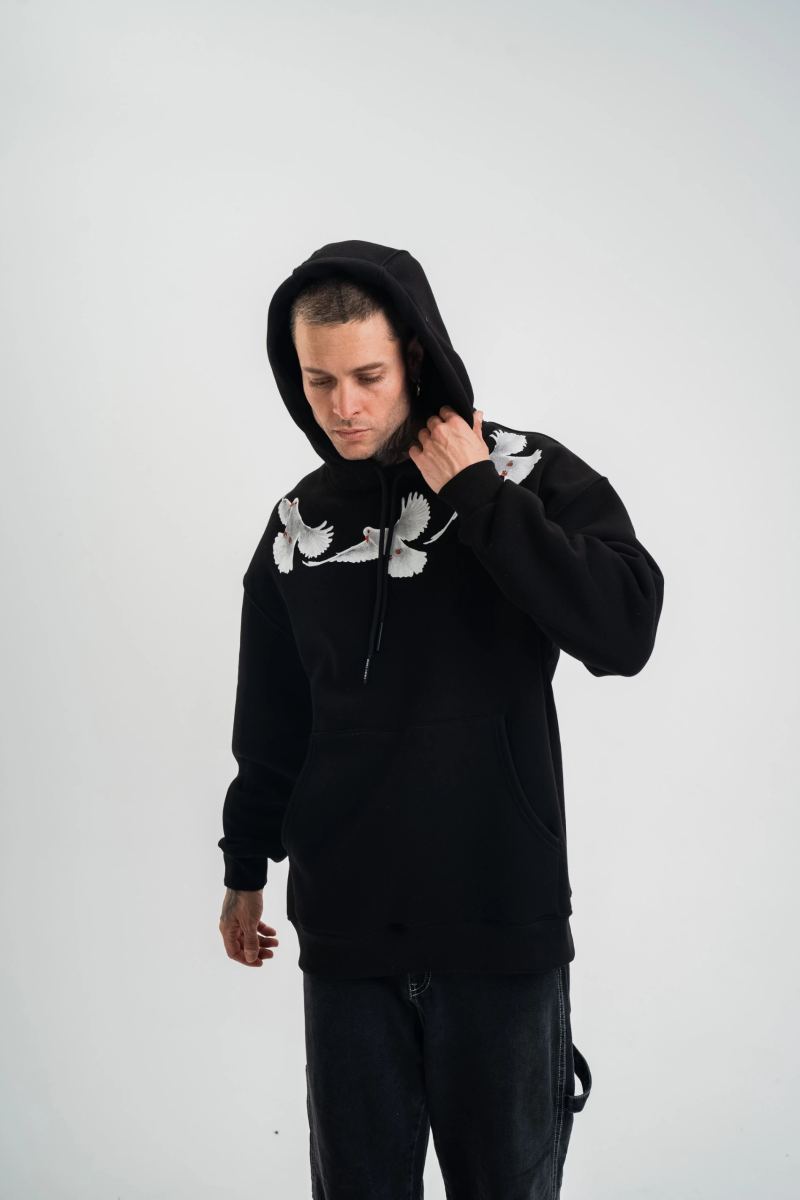 Erkek 3 İplik Pamuklu Kapüşonlu Baskılı Cepli Oversize Sweatshirt Hoodie - Siyah