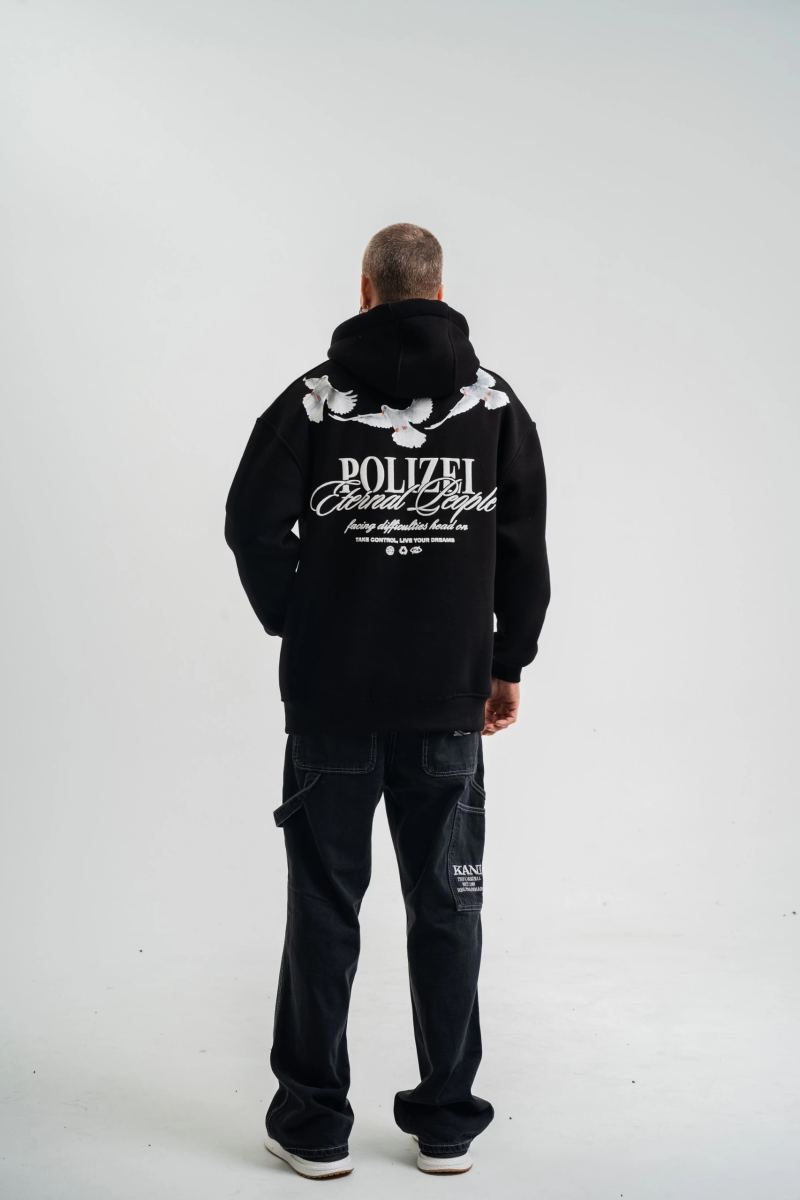 Erkek 3 İplik Pamuklu Kapüşonlu Baskılı Cepli Oversize Sweatshirt Hoodie - Siyah