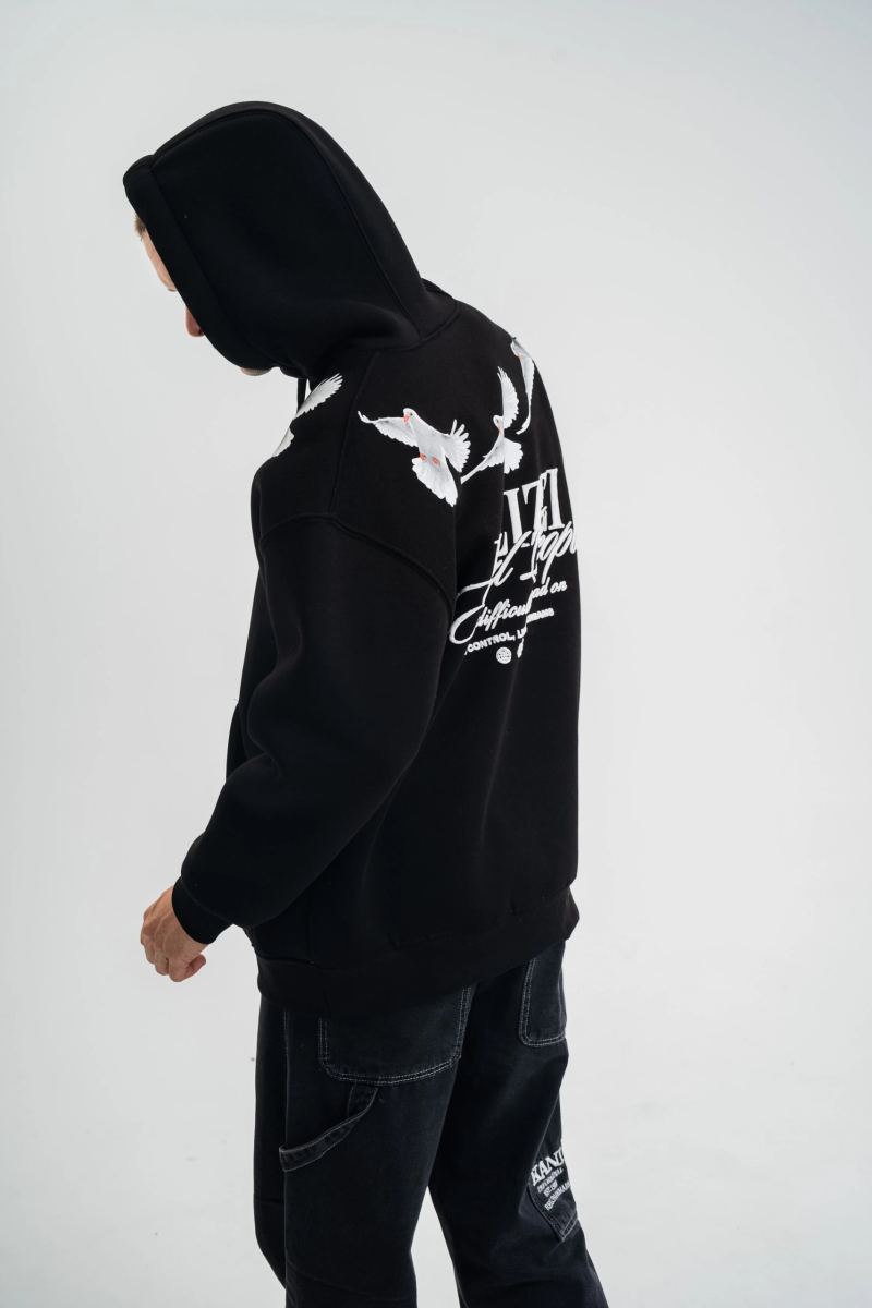 Erkek 3 İplik Pamuklu Kapüşonlu Baskılı Cepli Oversize Sweatshirt Hoodie - Siyah