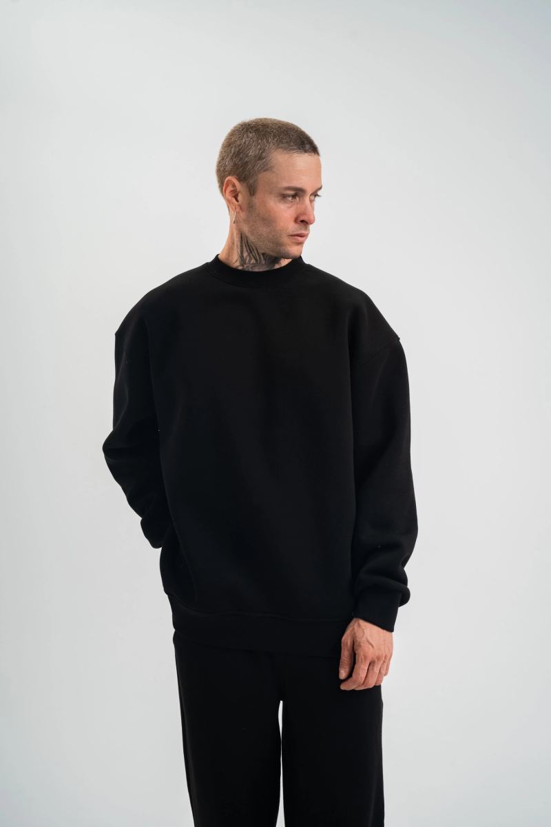 Erkek Uzun Kol Bisiklet Yaka 3 iplik Pamuklu Kışlık SweatShirt - Siyah
