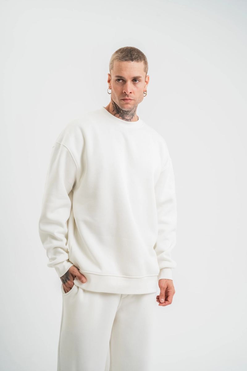Erkek Uzun Kol Bisiklet Yaka 3 iplik Pamuklu Kışlık SweatShirt  - Beyaz