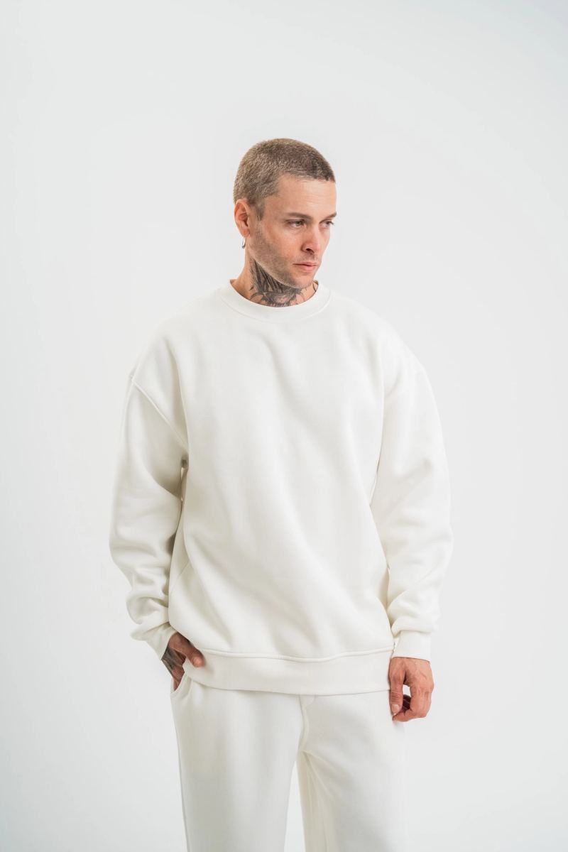 Erkek Uzun Kol Bisiklet Yaka 3 iplik Pamuklu Kışlık SweatShirt  - Beyaz