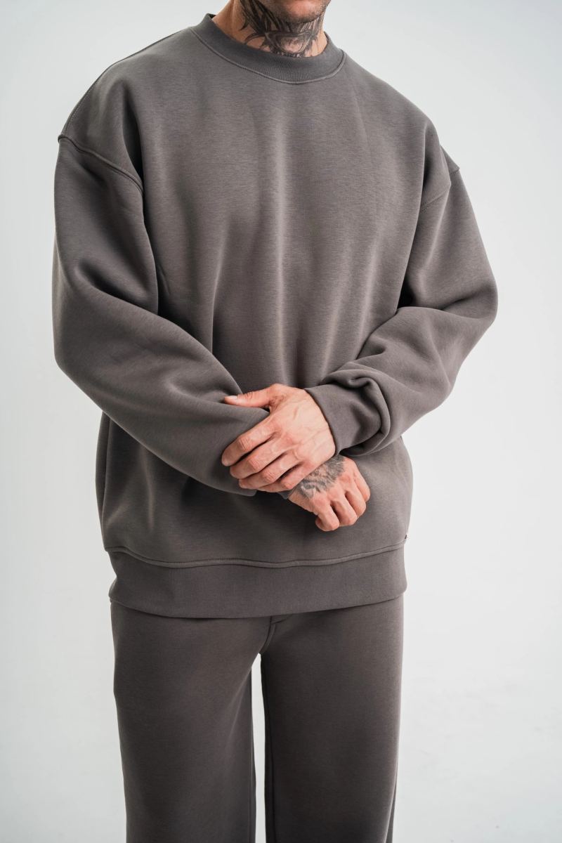 Erkek Uzun Kol Bisiklet Yaka 3 iplik Pamuklu Kışlık SweatShirt  - Füme
