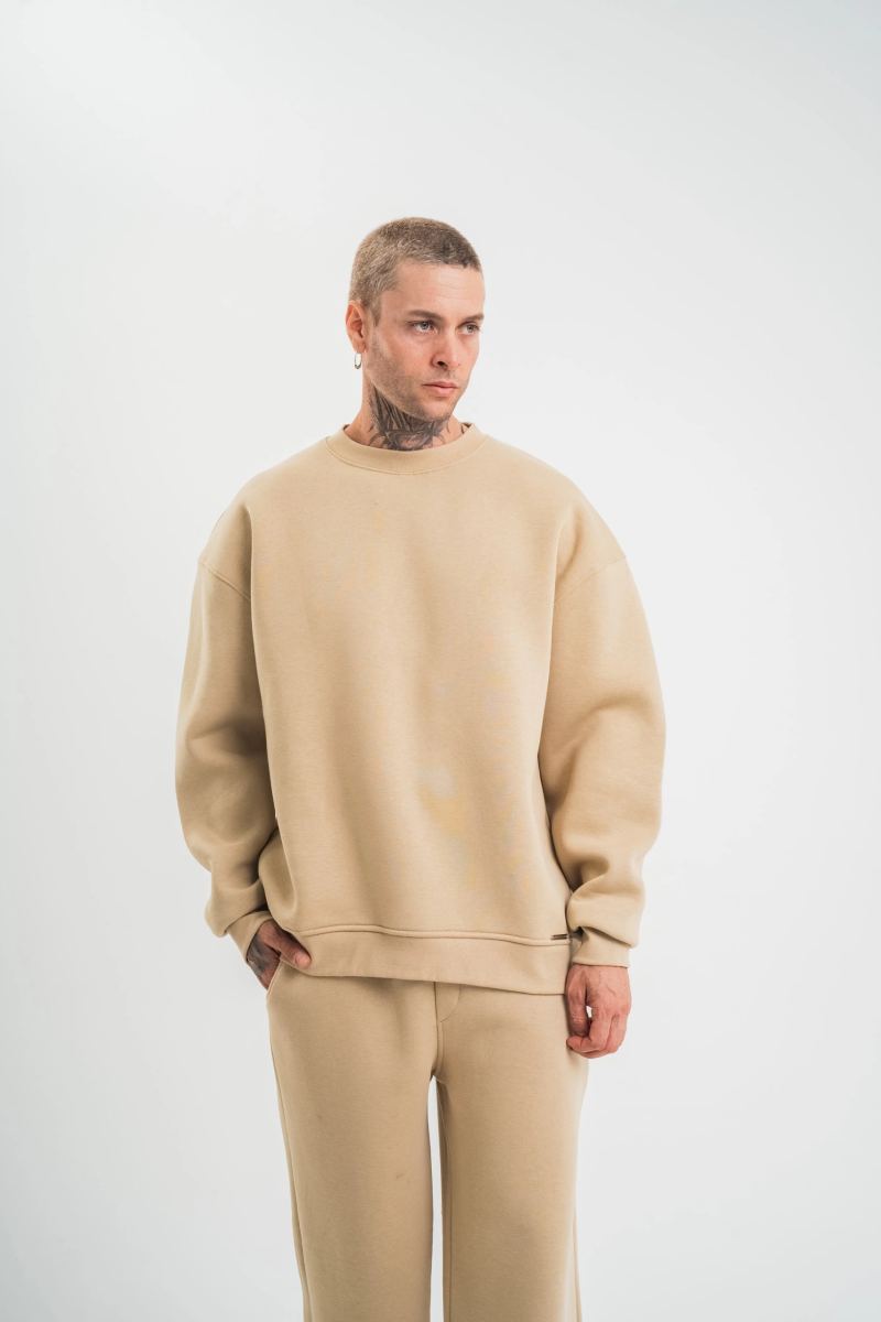 Erkek Uzun Kol Bisiklet Yaka 3 iplik Pamuklu Kışlık SweatShirt  - Bej