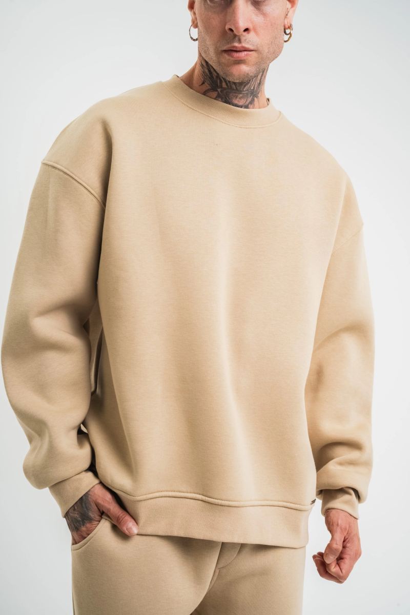 Erkek Uzun Kol Bisiklet Yaka 3 iplik Pamuklu Kışlık SweatShirt  - Bej