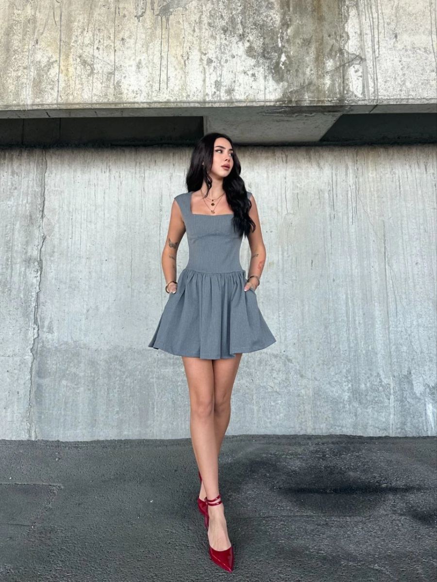 Kolsuz Mini Elbise- Gri