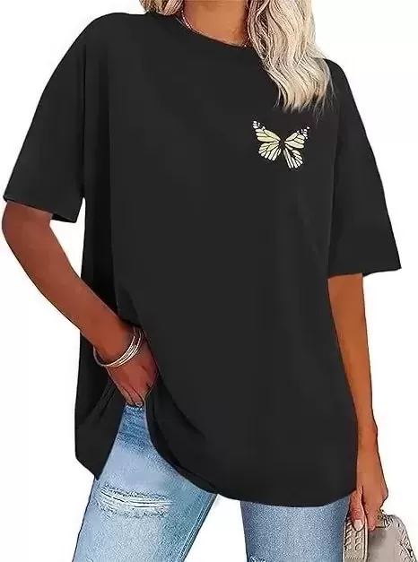 Kadın Baskılı T-Shirt Kısa Kol Bisiklet Yaka Oversize Rahat Kalıp Tişört - Siyah