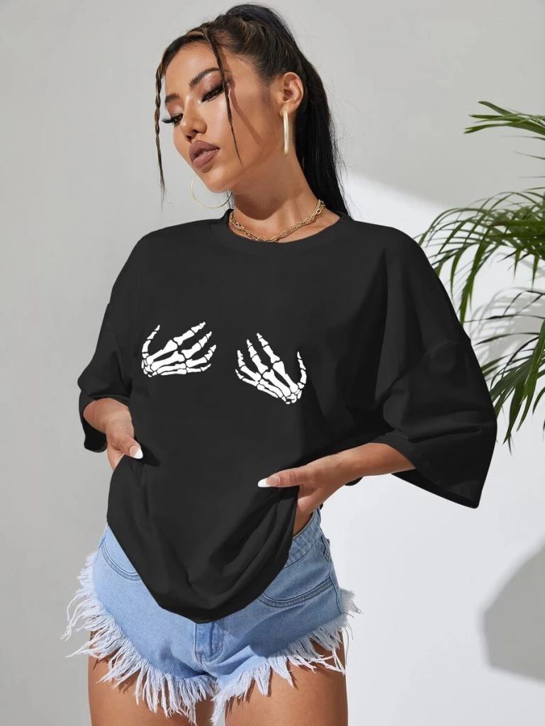 Kadın Baskılı T-Shirt Kısa Kol Bisiklet Yaka Oversize Rahat Kalıp Tişört - Siyah