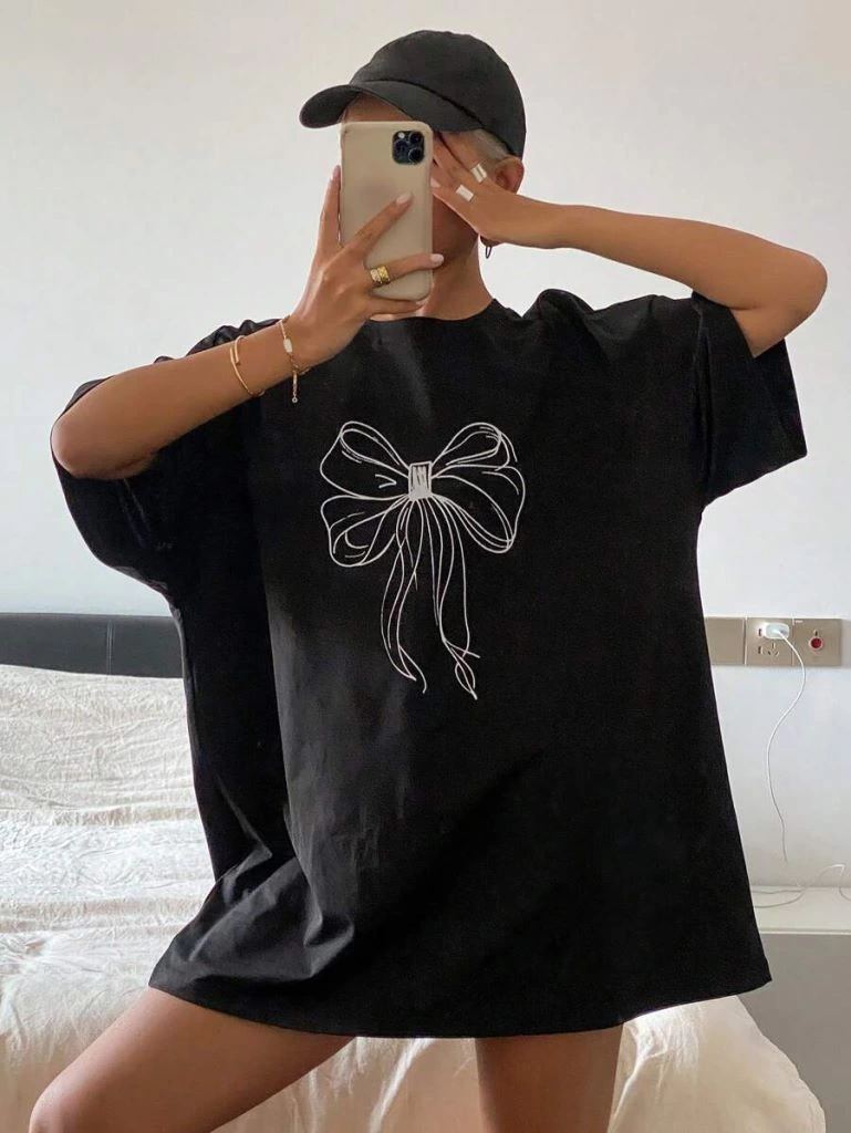Kadın Fiyonk Baskılı T-Shirt Kısa Kol Bisiklet Yaka Oversize Tişört - Siyah