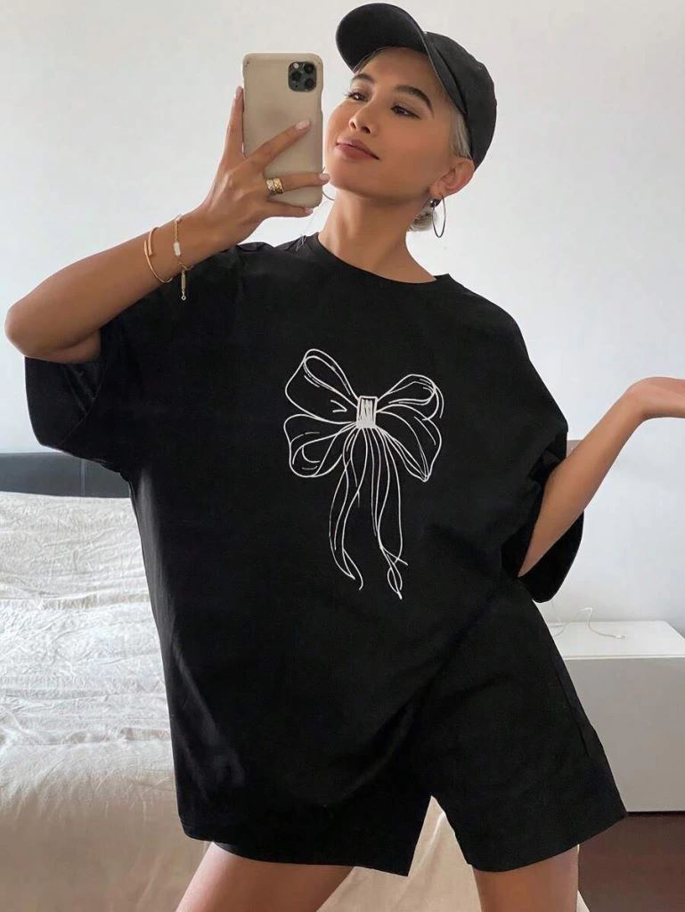 Kadın Fiyonk Baskılı T-Shirt Kısa Kol Bisiklet Yaka Oversize Tişört - Siyah