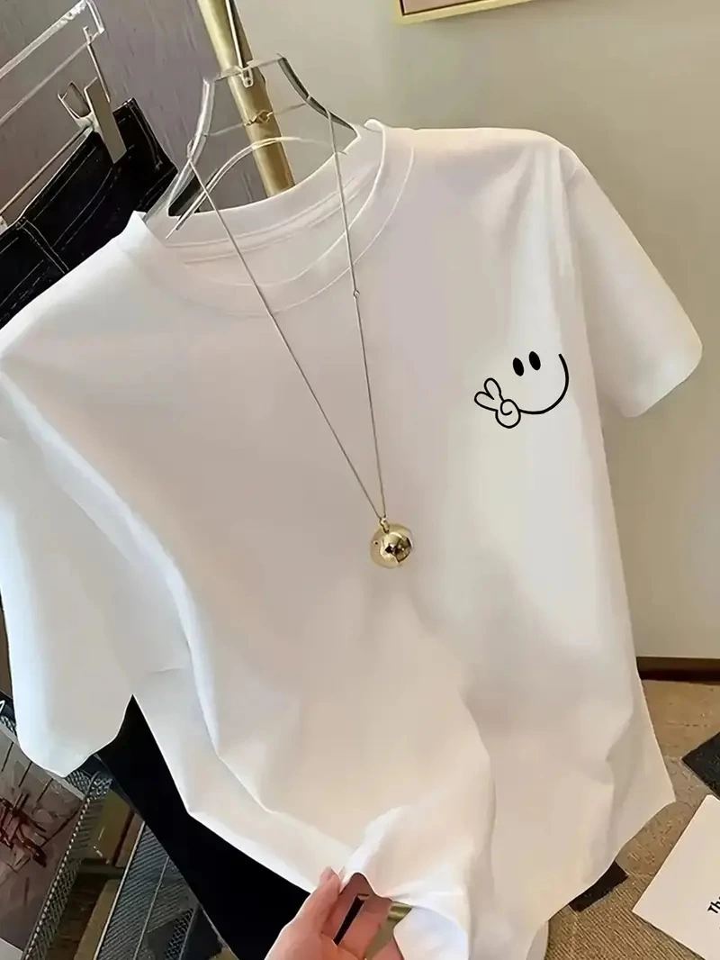 Kadın Gülücük Baskılı Tişört Kısa Kol Bisiklet Yaka Oversize T-Shirt - Beyaz