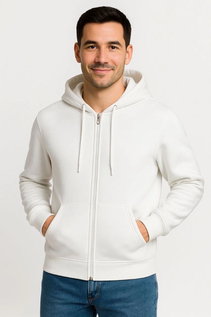 Erkek 3 İplik Pamuklu Kapüşonlu Tam Fermuarlı Cepli Hoodie Sweatshirt - Beyaz