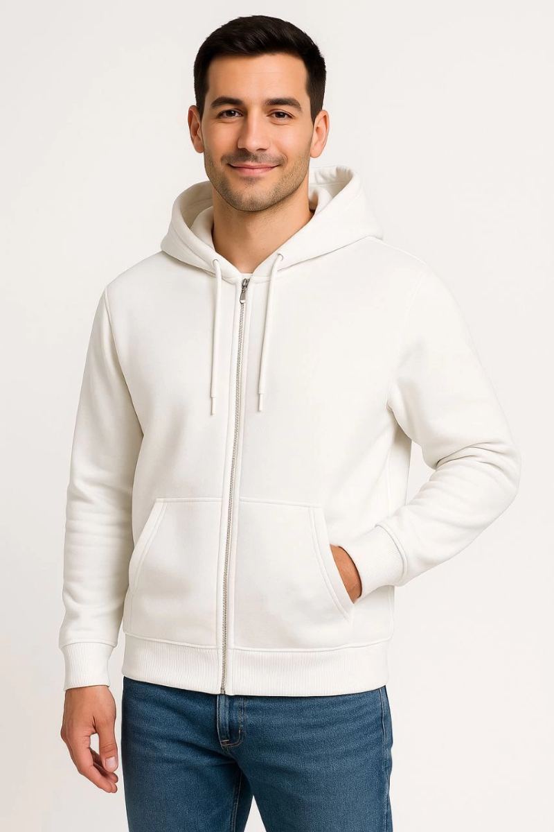 Erkek 3 İplik Pamuklu Kapüşonlu Tam Fermuarlı Cepli Hoodie Sweatshirt - Beyaz