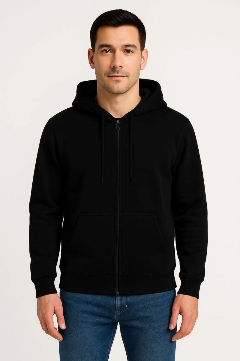 Erkek 3 İplik Pamuklu Kapüşonlu Tam Fermuarlı Cepli Hoodie Sweatshirt - Siyah