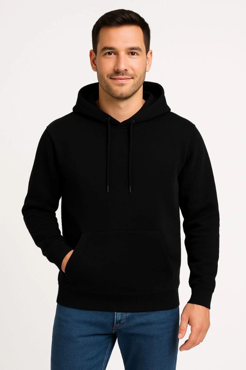 Erkek 3 İplik Pamuklu Kapüşonlu Kanguru Cepli SweatShirt hoodie - Siyah