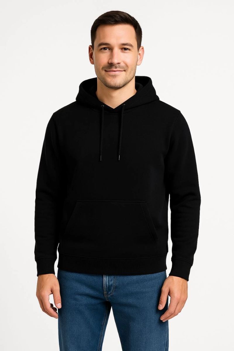 Erkek 3 İplik Pamuklu Kapüşonlu Kanguru Cepli SweatShirt hoodie - Siyah