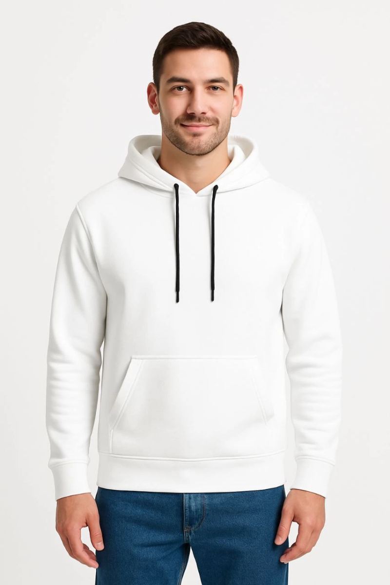 Erkek 3 İplik Pamuklu Kapüşonlu Kanguru Cepli SweatShirt hoodie - Beyaz