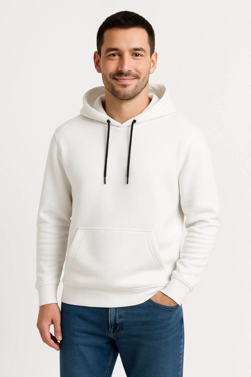 Erkek 3 İplik Pamuklu Kapüşonlu Kanguru Cepli SweatShirt hoodie - Beyaz