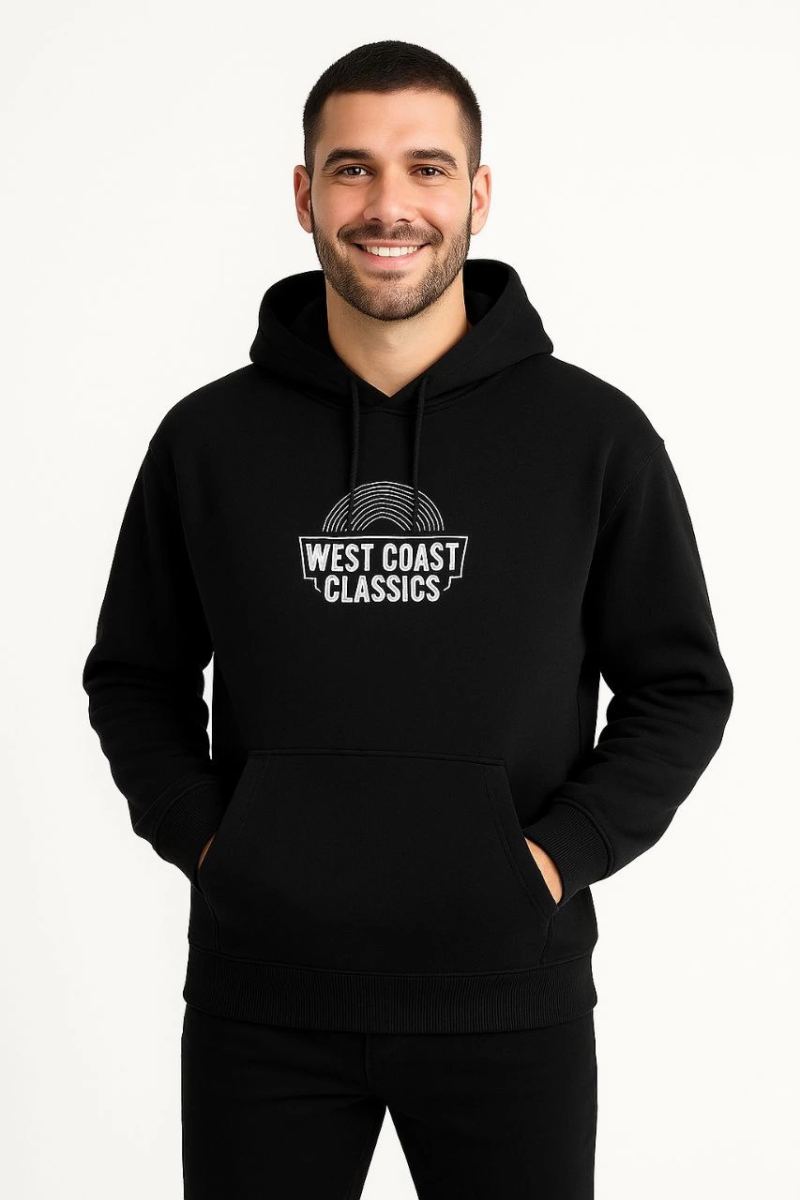 Erkek Kapüşonlu Kanguru Cepli Sweatshirt 3 İplik Pamuklu Baskılı Hoodie -  Siyah