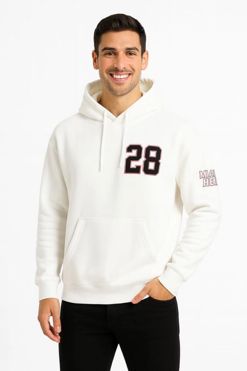 Erkek Kapüşonlu Kanguru Cepli Sweatshirt 3 İplik Pamuklu Baskılı Hoodie - Beyaz