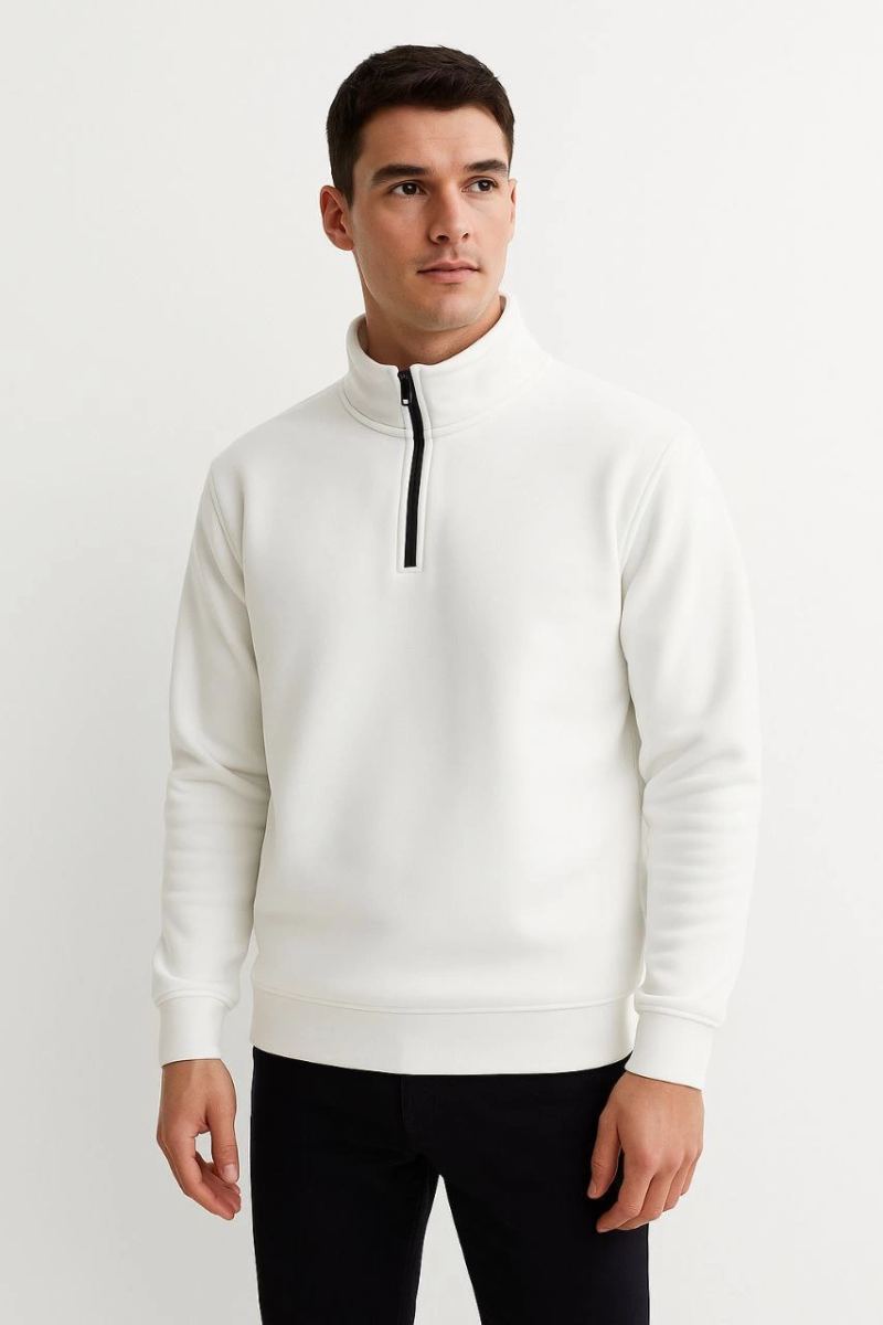 Erkek Dik Yaka Yarım Fermuarlı 3 İplik Pamuklu Sweatshirt - Beyaz