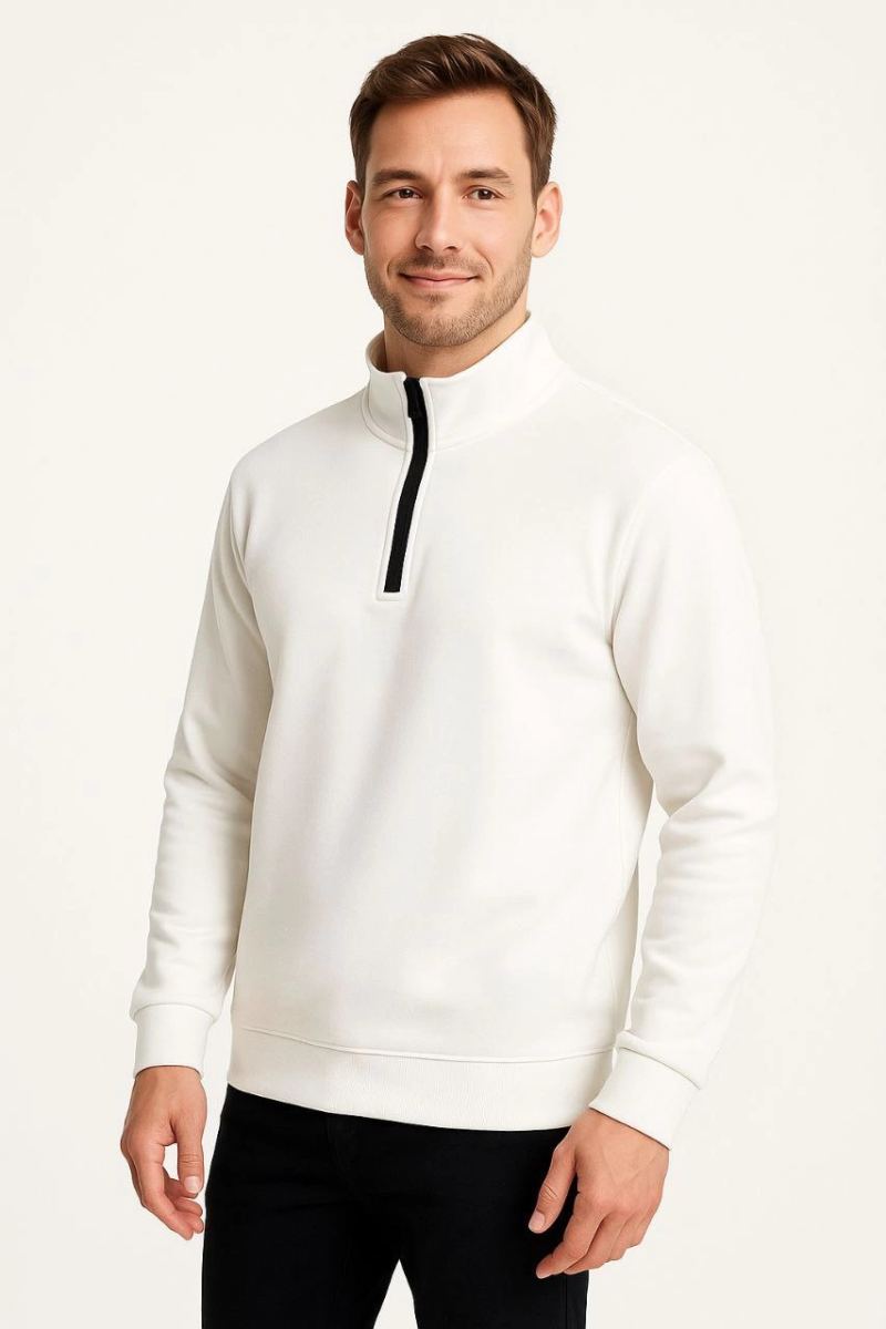 Erkek Dik Yaka Yarım Fermuarlı 3 İplik Pamuklu Sweatshirt - Beyaz